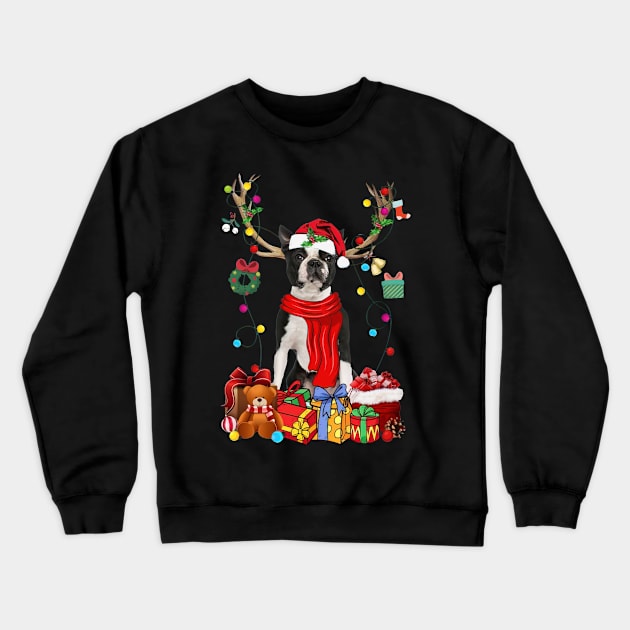 Black Boston Terrier Reindeer Santa Christmas Color Lights Crewneck Sweatshirt by cogemma.art